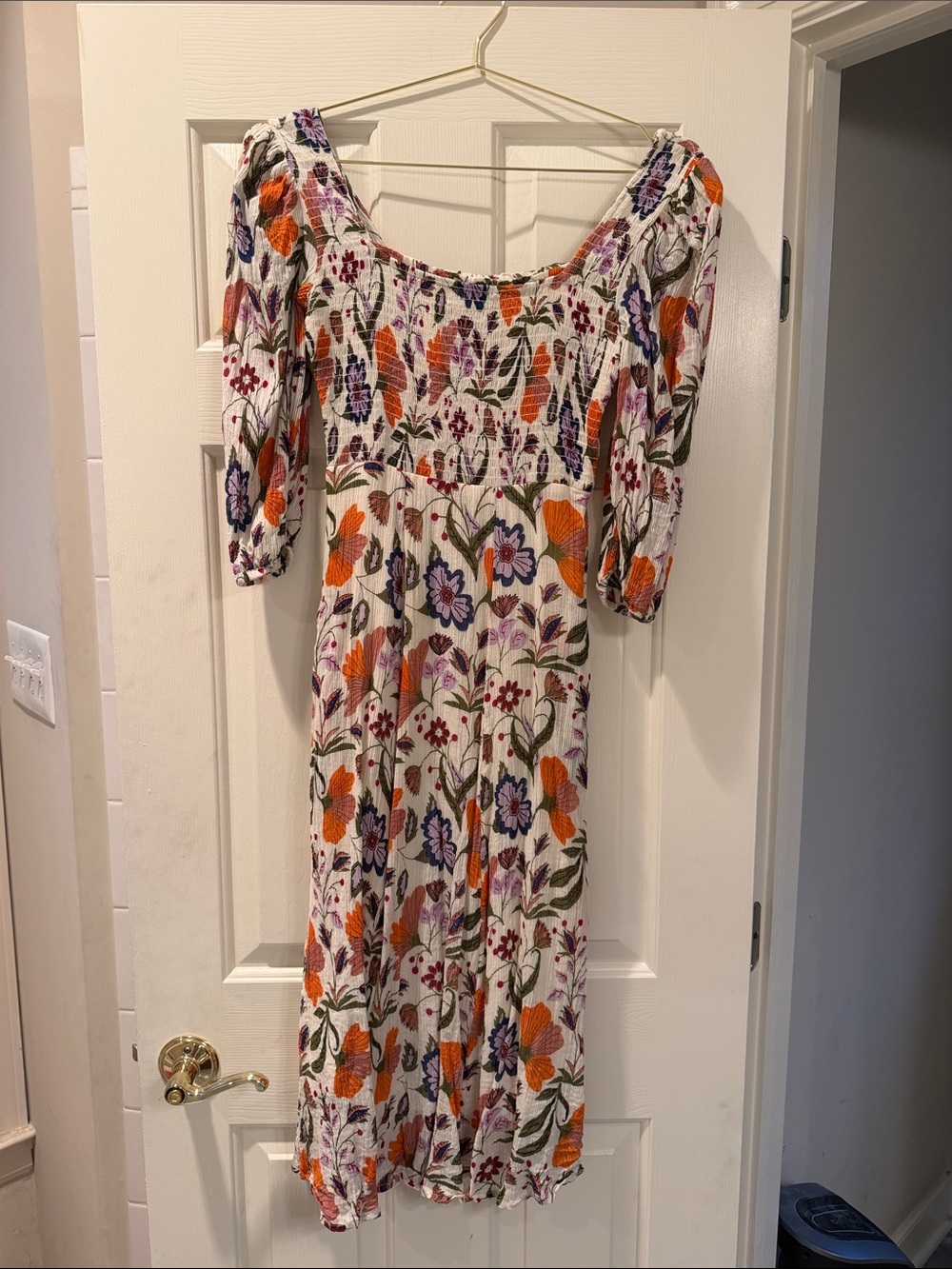 Smocked Floral Midi Dress in White with Orange & Purple Blooms